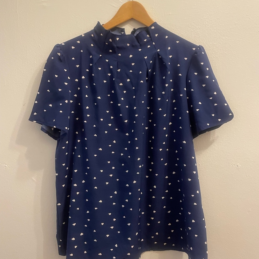 Navy Blue Blouse with White Heart Pattern